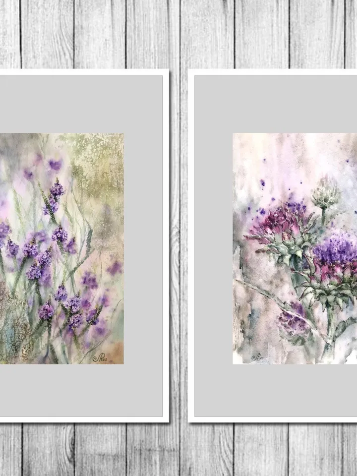 Flowers Watercolor Painting Floral Set of 2 Prints Wildflowers Wall art  Flowers Prints Artichoke Art