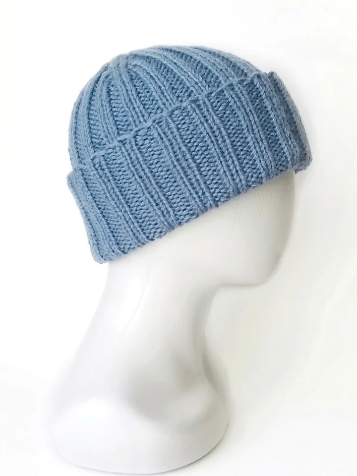 Handcrafted Light Blue Men's Winter Beanie: Luxurious Cashmere-Merino Wool Blend, Ribbed Texture, Cozy and Warm Knit Hat. FREE SHIPPING!