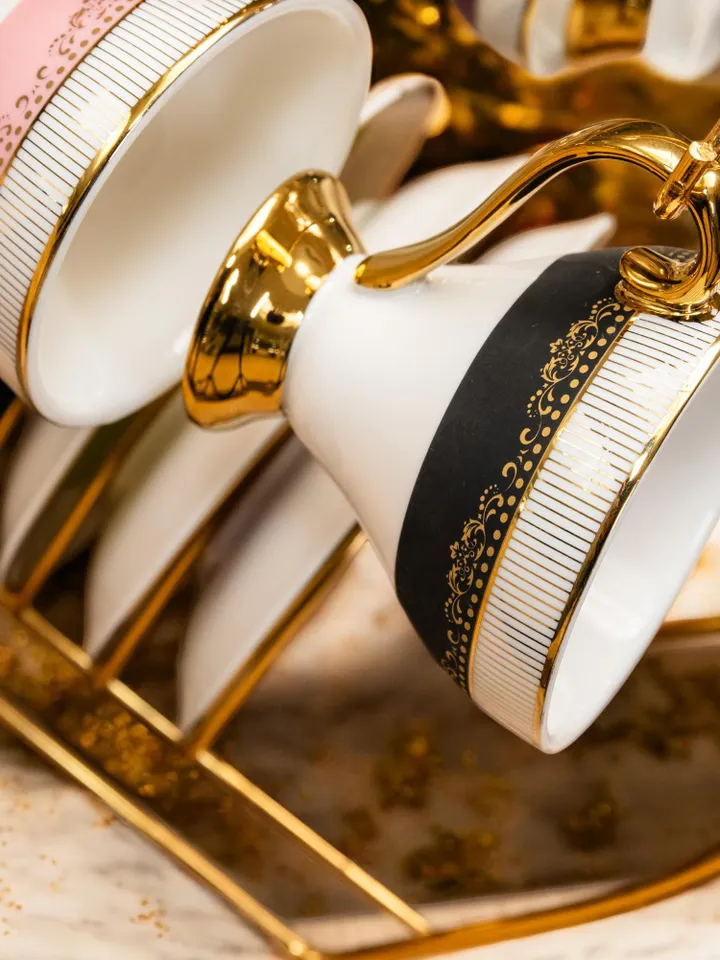 14K Genuine Gold Powder Porcelain Tea Cups And Saucers | Tea Cups Saucers Set | Gold Porcelain Set | Elegant Teaware | Gift For Tea Lovers