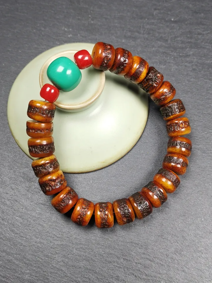 Gandhanra Handmade Tibetan Yak Bone Wrist Mala + Turquoise Bead Bracelet, Hand-carved Amulet Bracelet,for Meditation and Prayer
