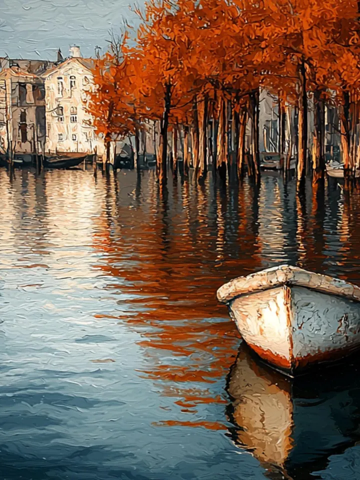 Canal Oil Painting, Autumn Scene Large Wall Art, Boat Painting, Fall Colors Artwork, Cityscape Art, Original Painting, Water Reflection Art