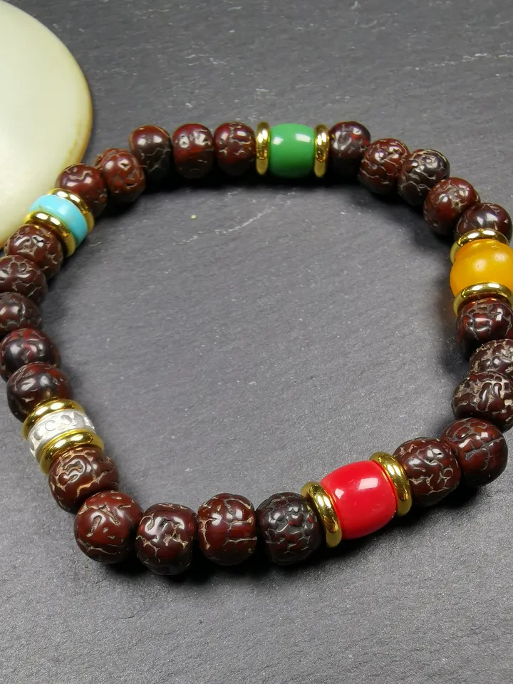 Gandhanra Old Tibetan Mala Bracelet,Unique 5 Colors Handheld Rudraksha Prayer Beads Rosary for Meditation,Circumference18cm, Diameter 8mm