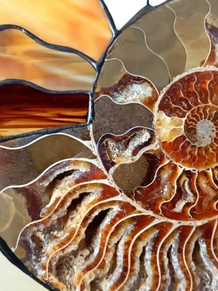 Ammonite with Gemstones on a Large Stand, Tiffany Stained Glass, Ammonite with Gemstones, Tiffany-Style Stained Glass Ammonite, Artistic Ammonite Sculpture, Fossil Art with Crystals, Stained Glass Ammonite on Stand