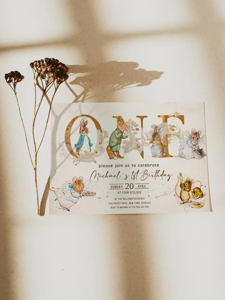 Rustic Peter Rabbit First Birthday Invitation Template;  Spring Bunny Classic Peter Rabbit Birthday Invitation  Handdrawn Peter Rabbit