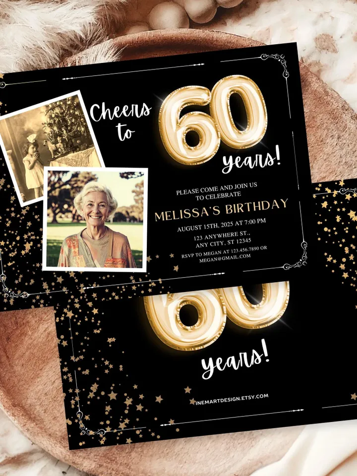 60th Birthday Invitation with Photo Adult Women Men Cheers to 60th Birthday Invite Black and Gold Party Card for Grandma Canva Template