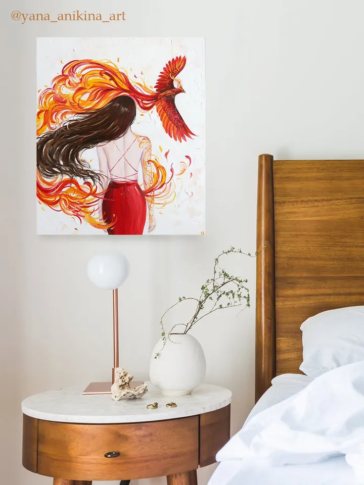 Phoenix Oil Painting on Canvas Phoenix Art Original Phoenix and Woman Artwork Handmade