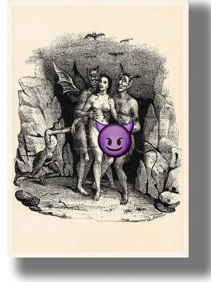 Sinner and demons in hell. Erotic scene.