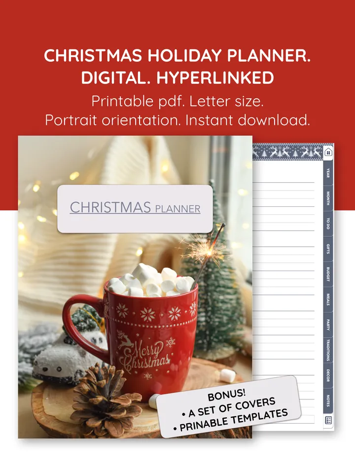 Christmas holiday planner. Event meal journal. Christmas gifts log. Holiday budget planning. Advent calendar for kids