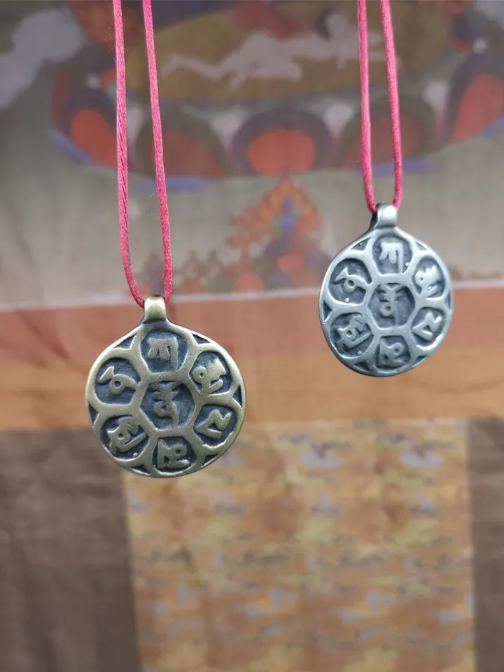 Gandhanra Handmade Tibetan Buddhist Amulet,Om Badge Pendant, Mantra of Om Mani Padme Hum, Made of Brass,1.26"