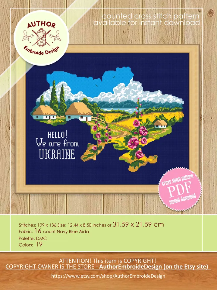 Ukraine map cross stitch pattern PDF Nature cross stitch sampler Ukraine digital downloads Summer landscape xstitch chart from Ukraine #L25
