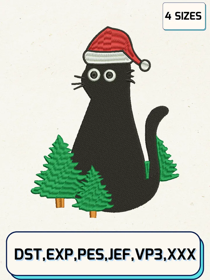 Black Cat Christmas Embroidery Designs,Christmas Embroidery Designs,Machine Embroidery Files,4 Sizes