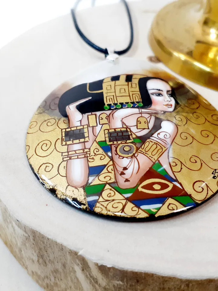 Klimt necklace "The Waiting" Gustav Klimt pendant Hand paint necklace pendant Hand painted miniature painting
