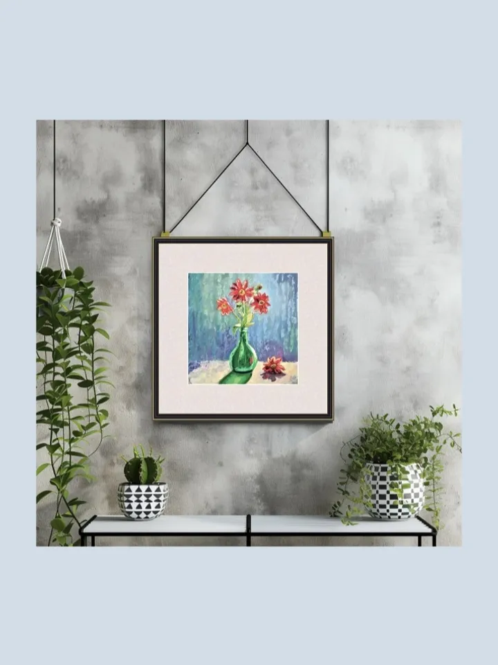 Original Oil Painting Red Flowers in Vase Artwork Floral Mini Art Bold Red Blooms for Home Decor