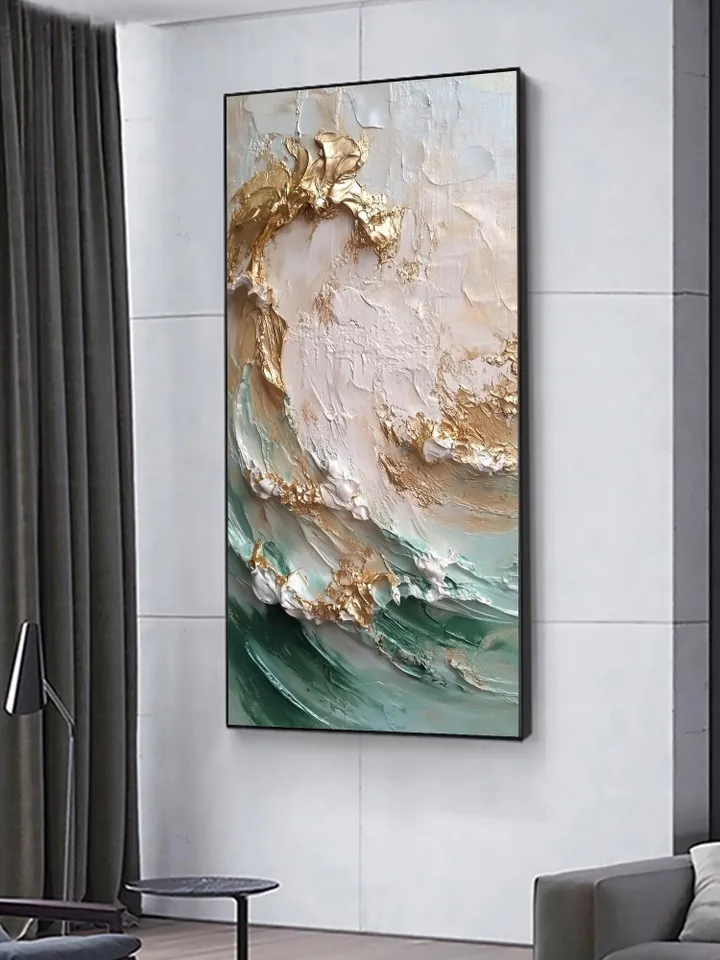 Original Abstract Golden Waves Oil Painting on Canvas | Elegant White, Gold, and Teal Art | Large Textured Wall Decor | Living room Wall Art