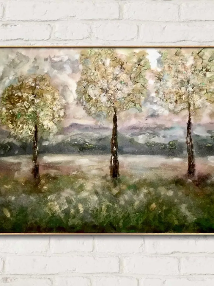Golden trees original mix media pastel painting, pan pastel,soft pastel and oil pastel painting on pastelmat,3 trees wall art.