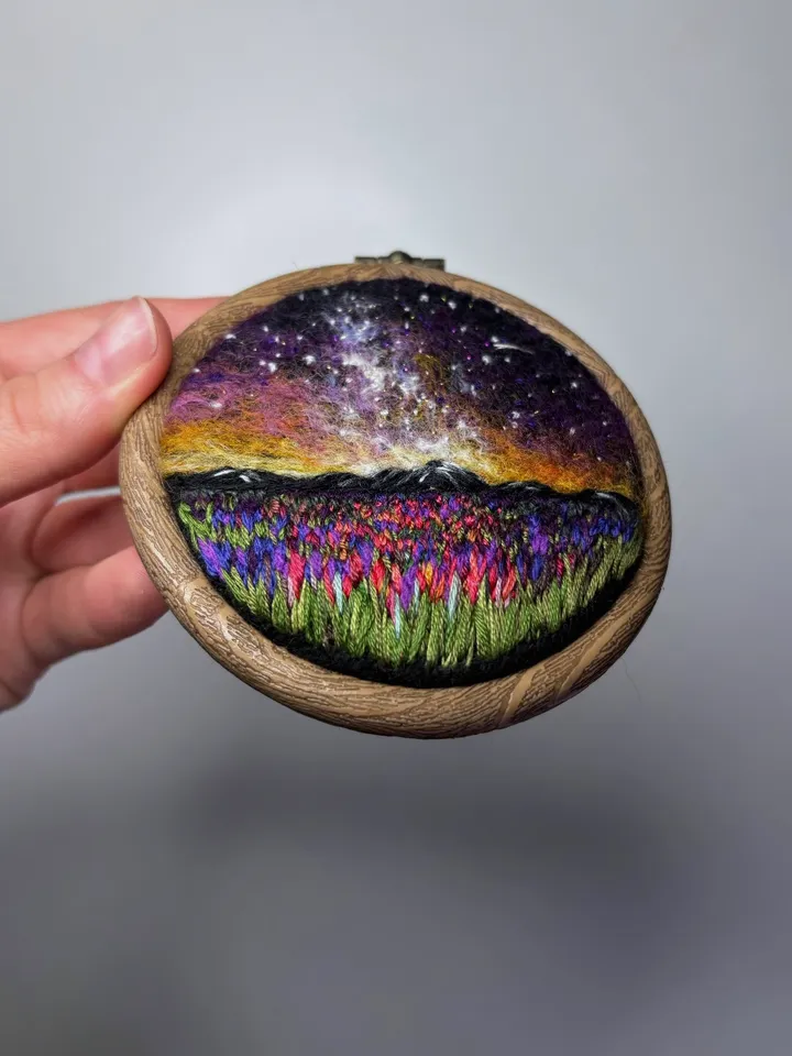 Embroidered and needle felted painting "Harmony of the night"