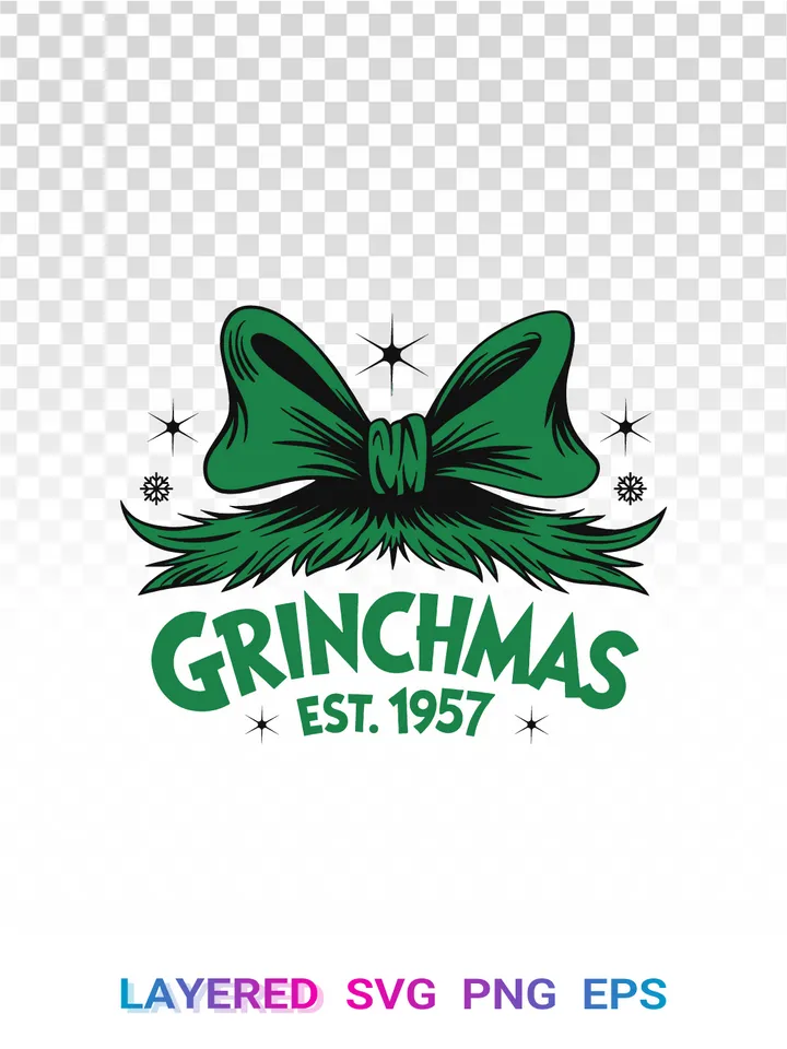 Grinchmas SVG PNG Est 1957, Grinch Christmas Bow Clipart