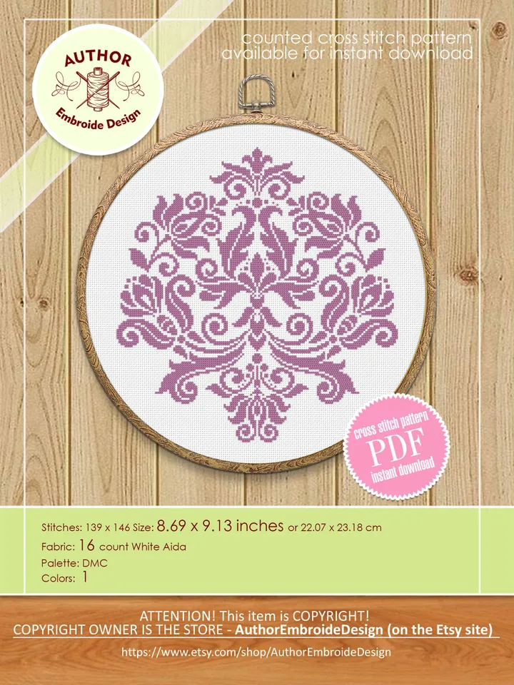 Floral damask ornament cross stitch pattern PDF download Flower mandala cross stitch chart, Damask pattern digital PDF, Floral scroll #M250