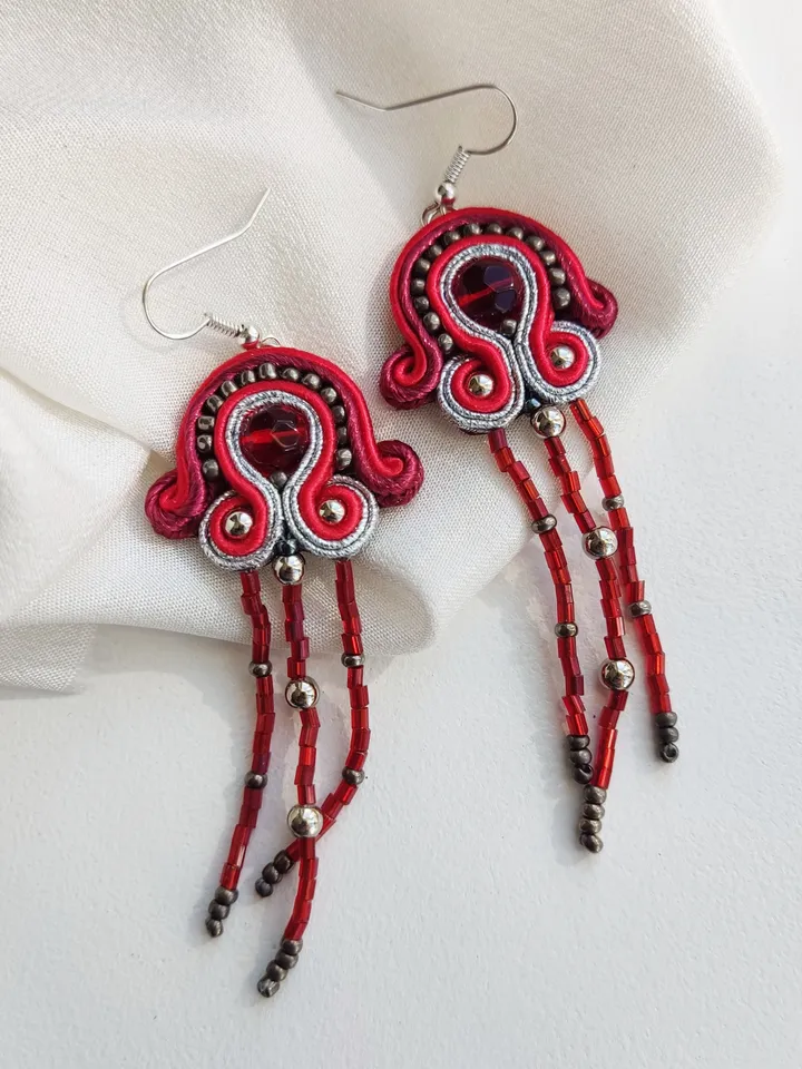 Red earrings, Long beaded earrings, tassel earrings, embroidered soutache earrings