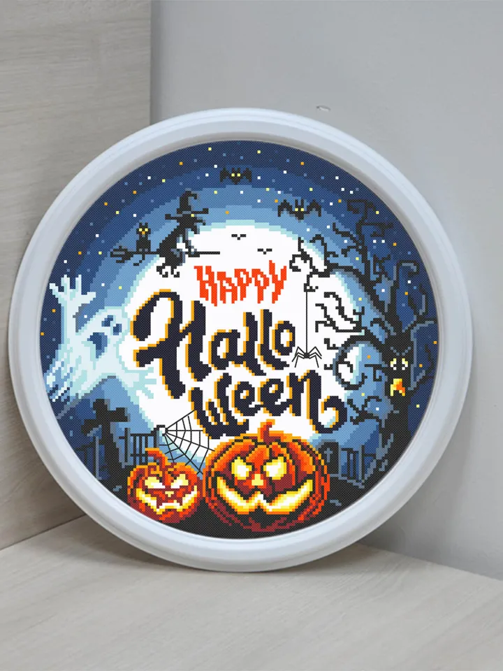 Happy Halloween cross stitch pattern download PDF Halloween moon cross stitch Spooky cross stitch chart Halloween night Magic embroidery #H8