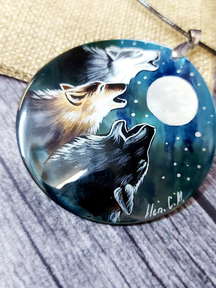 Pearl pendant necklace: The hunting pack of Wolves is howling on the moon • unique handmade jewelry • statement aesthetic necklace for dress