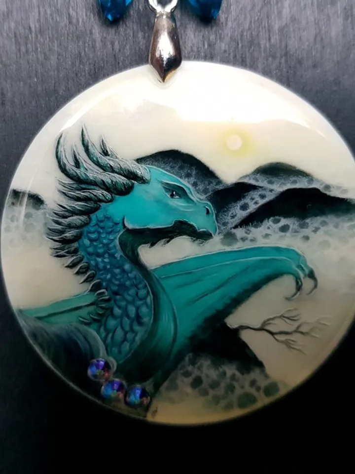 Dragon necklace. Miniature painting of dragon on mother of pearl pendant