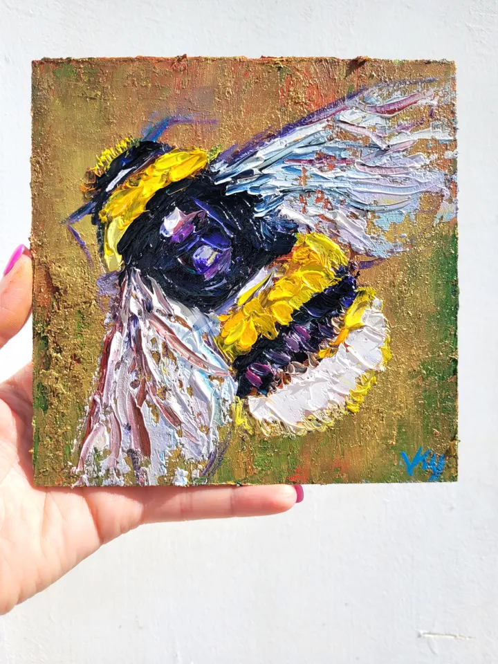 Bumble Bee Painting Save The Bees Original Art Impasto Oil Painting 6x6 Honey Bee Wall Art Insect Honeybee Artwork Handmade Birthday Gift by ArtFromVictoria