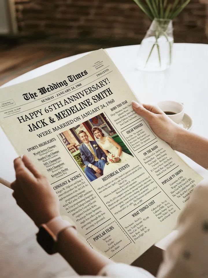 65th Wedding Anniversary Gift for Parents, 1960 Anniversary Newspaper Poster, 65th Anniversary Gifts, Printable Digital Download