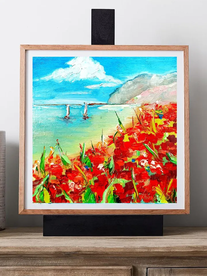 Point Reyes Painting Red Poppies Fields Impasto Art California Seascape Original Artwork Travel Gift Gifts  8 x 8 by ArtProkopaloSv