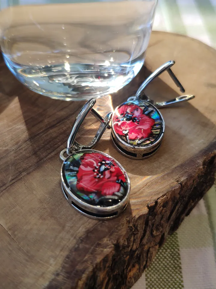 Pearl earrings: Tiny Elegant Red Pearl Earrings with hand painted Poppies • Aesthetic Handmade jewelry art earrings • Dainty gift for her