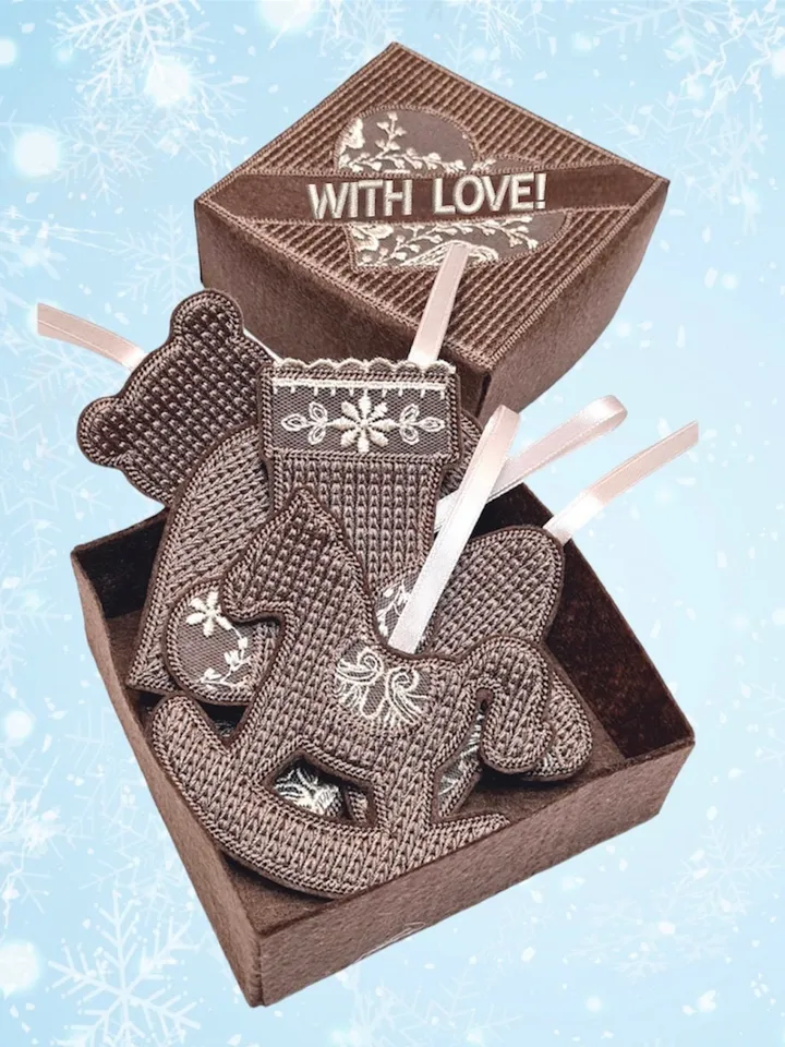New Year's set of designs of six Christmas tree decorations and a gift box.