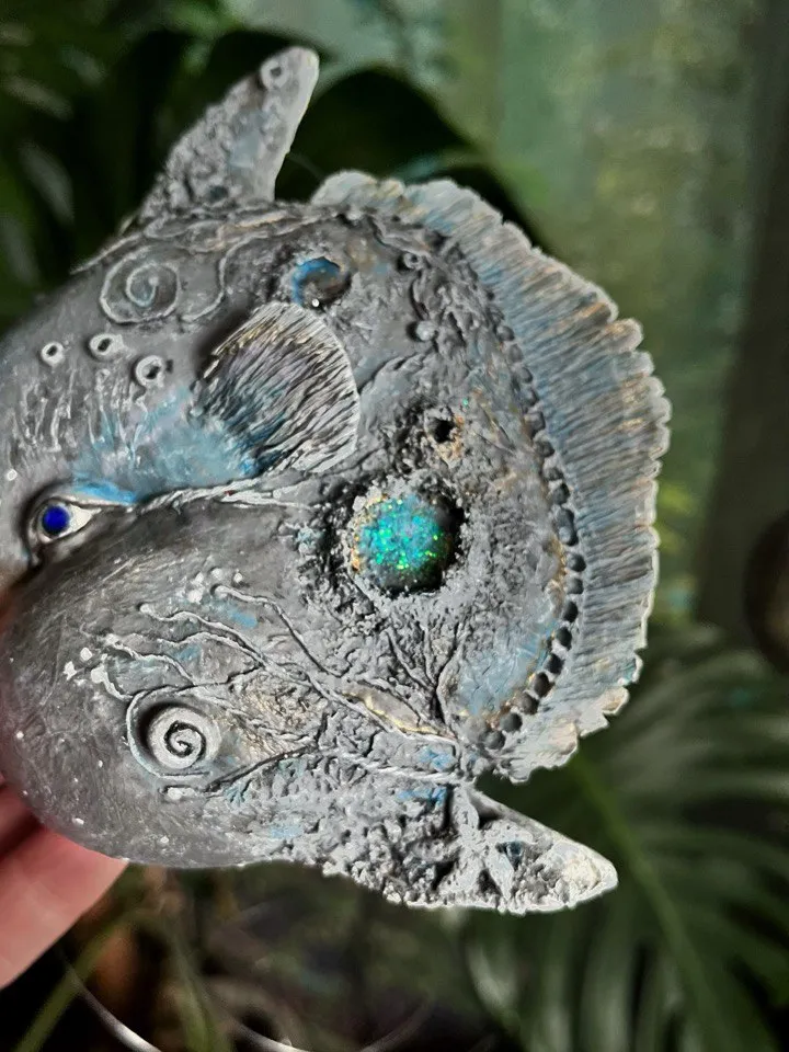 Suspended papier-mâché figurine Fish Moon. Art sculpture from papier-mache - series “Sea”. Unique interior decor handmade. Unusual interior pendant for your collection.