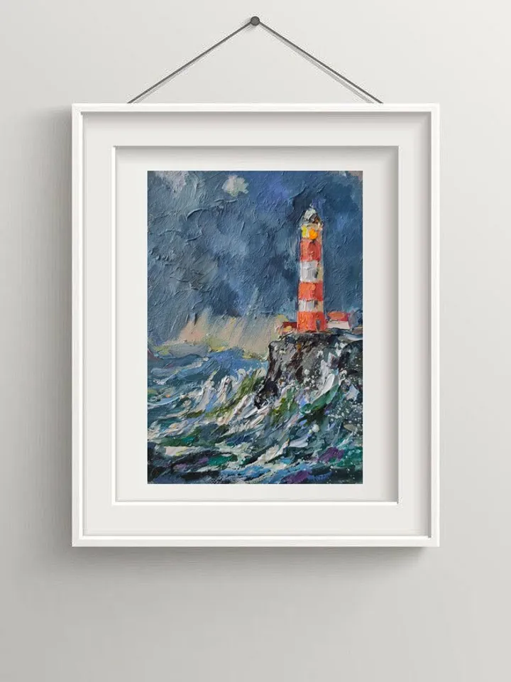 Painting Seascape Lighthouse Storm Waves Canvas on Cardboard Oil Wall Art Impasto Palette Knife Painting on Canvas 5.6 x 8 inches Original Painting Nata_Lena_Art