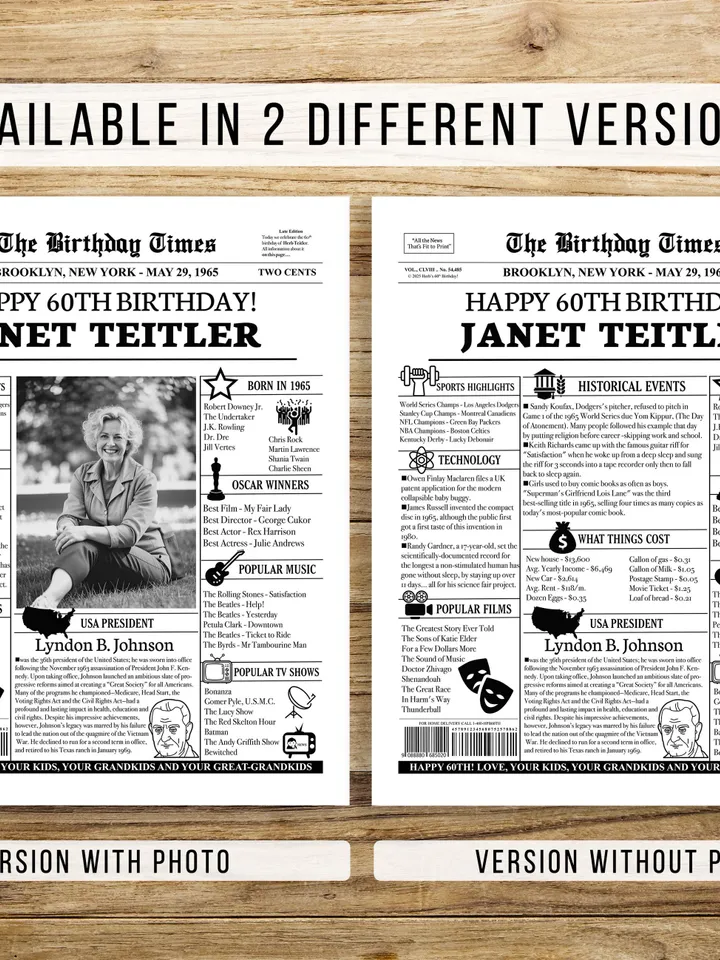 60th Birthday Newspaper Poster for Mom and Dad – Born in 1965 Sign, Back in 1965 Printable Gift, Vintage 60th Birthday Decorations