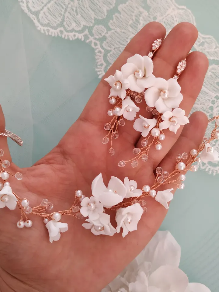 Rose Gold Floral Wedding Earrings, Swarovski Crystal Bridal Necklace Set, Chandelier Statement Earrings, Bridal Bracelet, Jewellery Set,