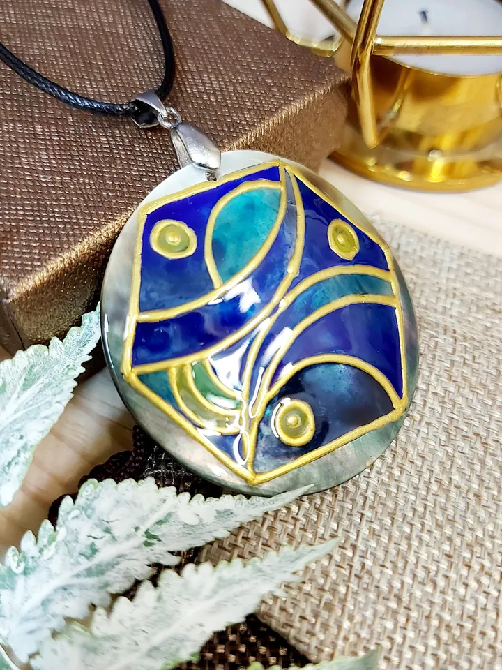 Pearl pendant necklace: Unique abstract necklace for women hand painted on mother of shell, Blue and gold painting on statement jewelry