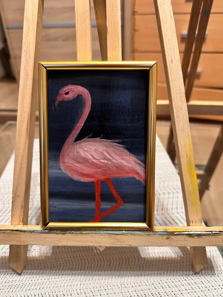 Oil painting. Pink flamingo.Birds.A water landscape.The miniature is 6x4 inches.Pape