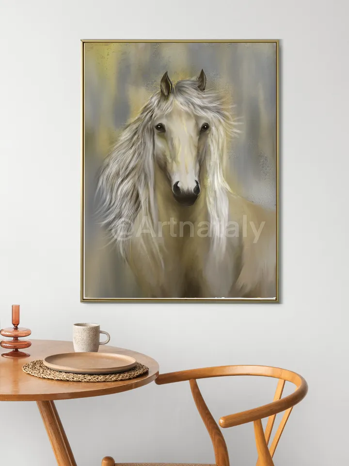 Horse portrait art, Horse wall art, Horse head digital art with white mane