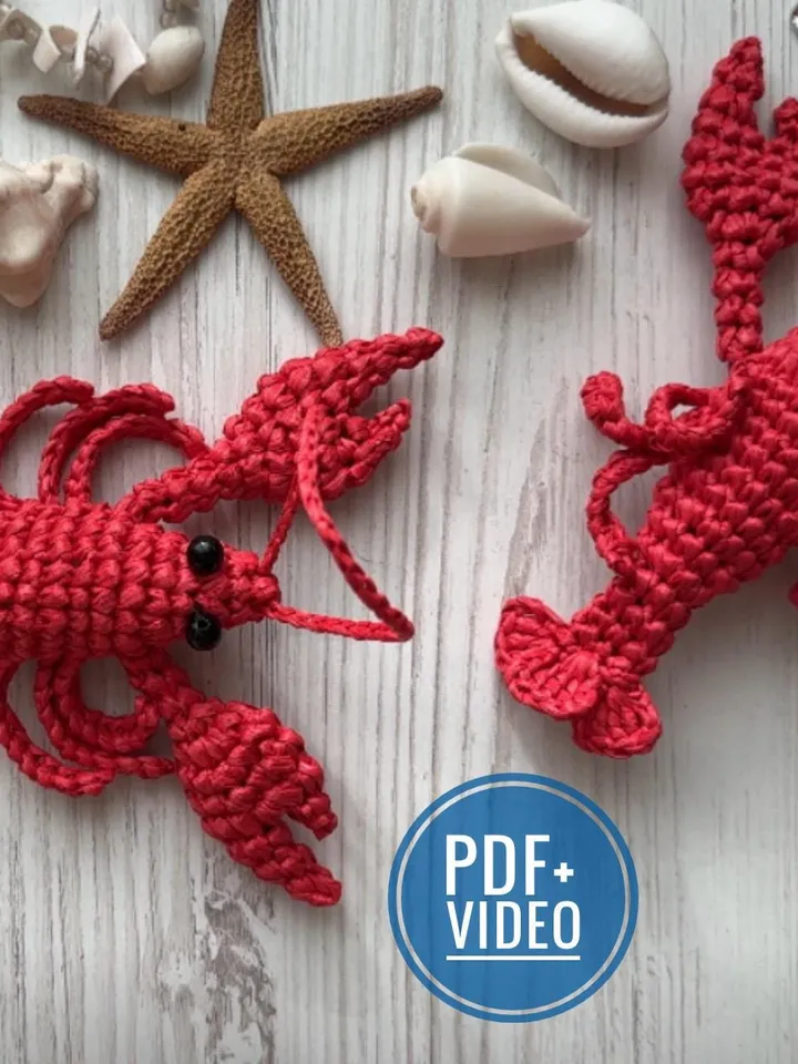Crochet pattern lobster pendant digital instant download and video tutorial, bags charm, sea creature crochet, keychain ocean, fisherman