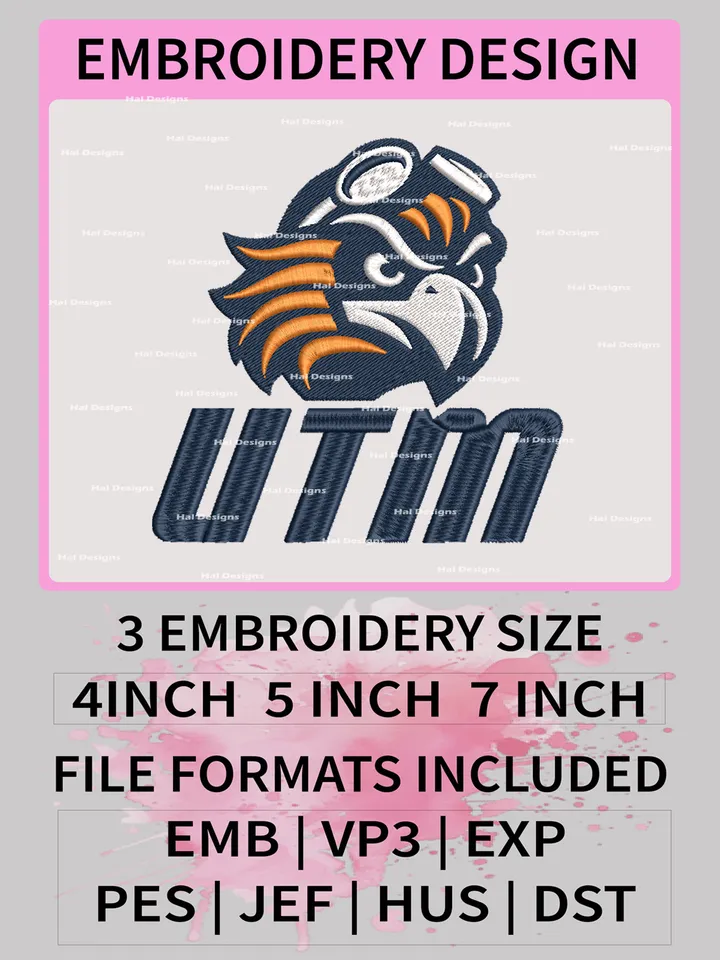 NCAA UT Martin Skyhawks Embroidery Designs, NCAA Logo Machine Embroidery Files, College Team Embroidery Patterns