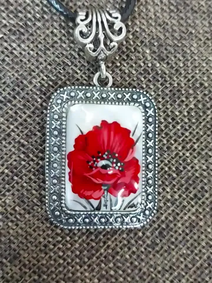 Pearl pendant necklace: Square pendant with big red poppy flower painted on shell • handmade Russian jewelry •  unique trendy necklaces