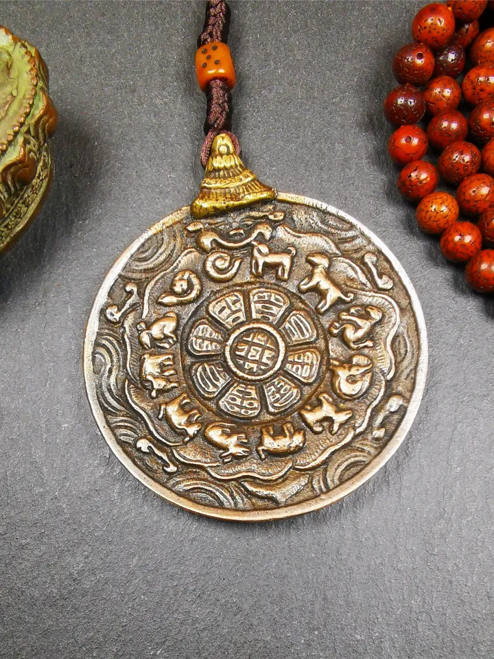 Gandhanra Vintage Tibetan Buddhist Amulet,Melong Mirror, SIPAHO(srid pa ho),Jiugong Bagua Badge,made of Lima Brass,2.48&quot;