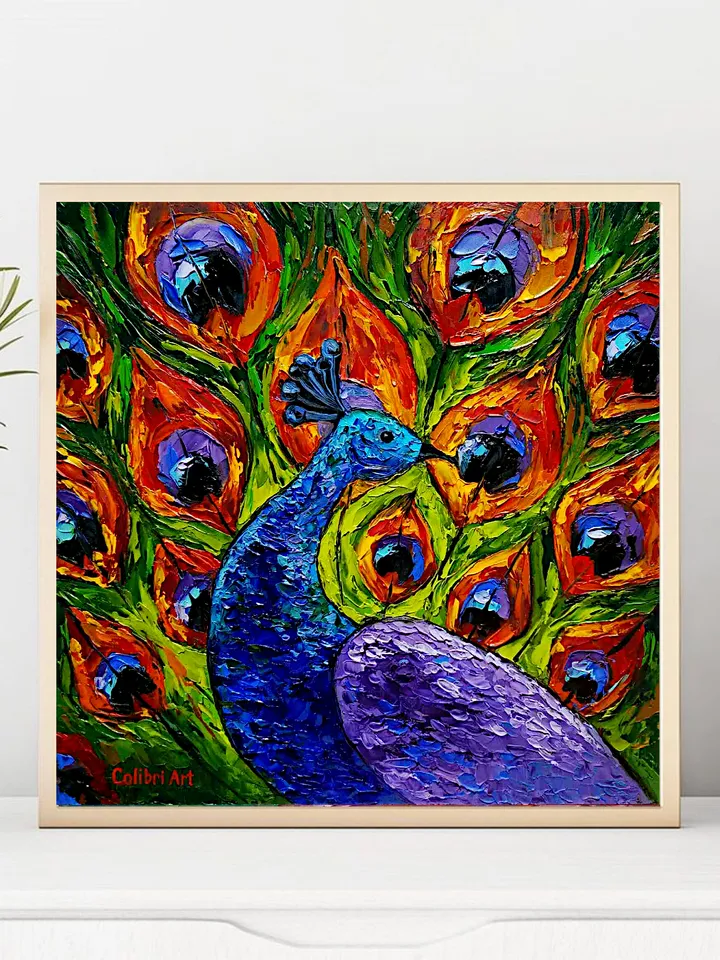 Peacock Painting Bird Original Art Animal Painting Impasto Colorful Wall Art Rainbow Small Art 12" x 12" By Colibri Art