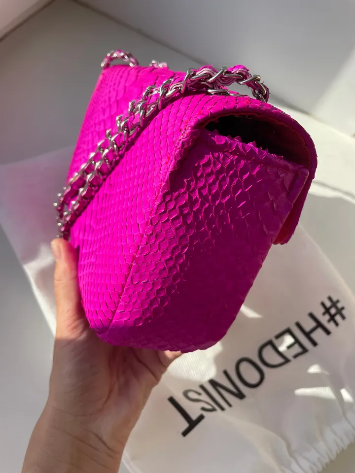 Genuine python skin midi crossbody bag fuchsia colour, summer bright chain crossbody, elegant classy crossbody bag genuine leather summer
