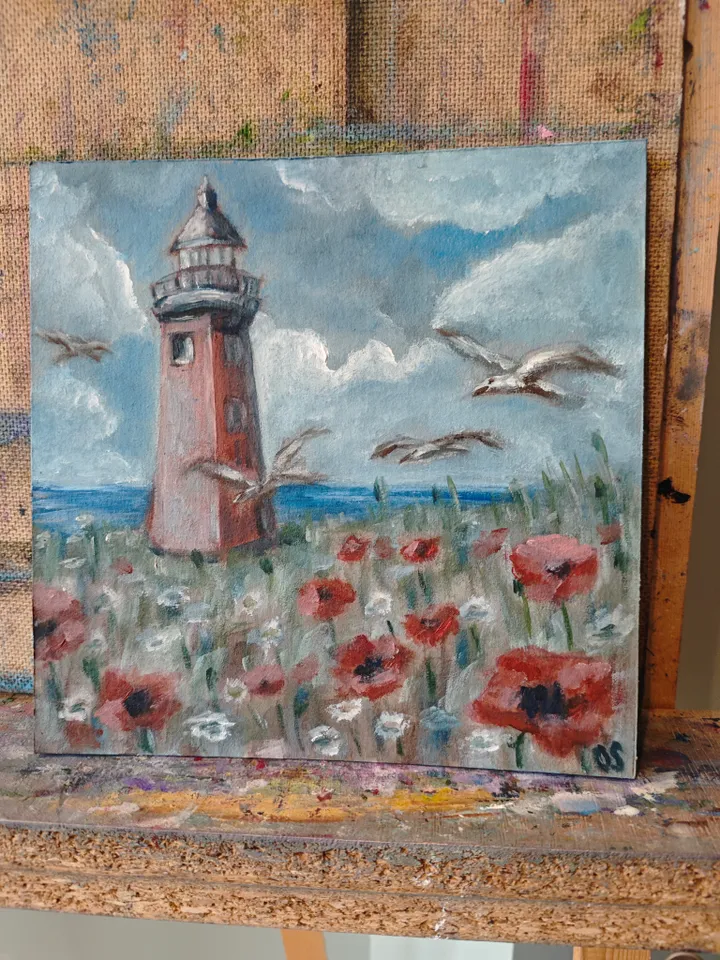 Lighthouse Landscape Original Painting Old Lighthouse Sea Coast Original Art Lighthouse Sea Modern Artwork Old Lighthouse Seascape Wall Decor 8x8 inches by OlgaSokolovaArt