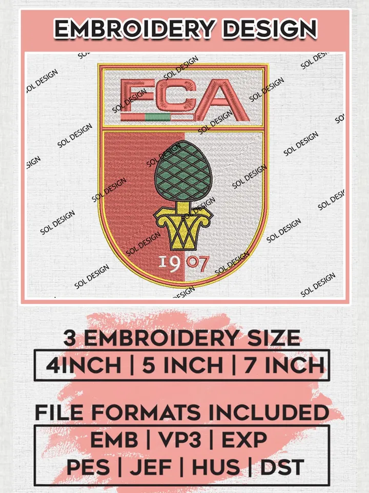FC Augsburg Embroidery Design, Bundesliga Logo Embroidery, Bundesliga FC Augsburg Embroidery, Machine Embroidery Design