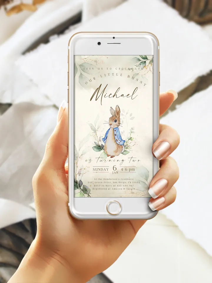 Peter Rabbit First Birthday Invite; Bunny Baby Birthday Invitation template; Our little bunny turning one; neutral bunny birthday invitation