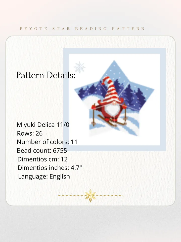 Skiing Gnome, 3D Peyote Star Beading Pattern, Seed Bead Christmas Ornament, Peyote Stitch