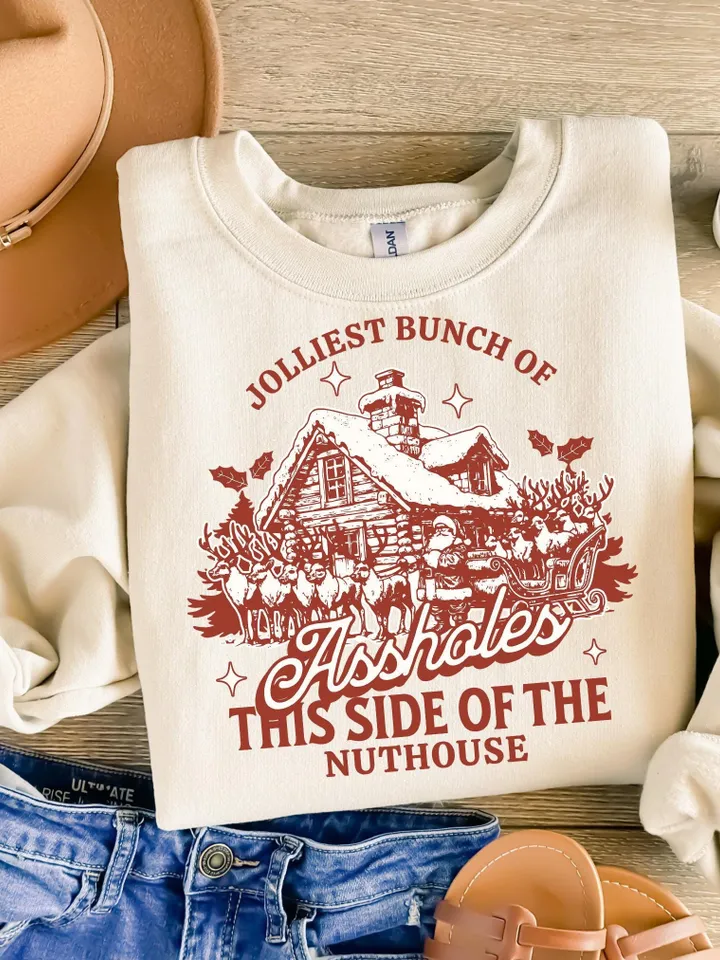 Jolliest Bunch of Assholes This Side of the Nuthouse PNG, Funny Adult Christmas png, Retro Sarcastic Christmas Jumper png