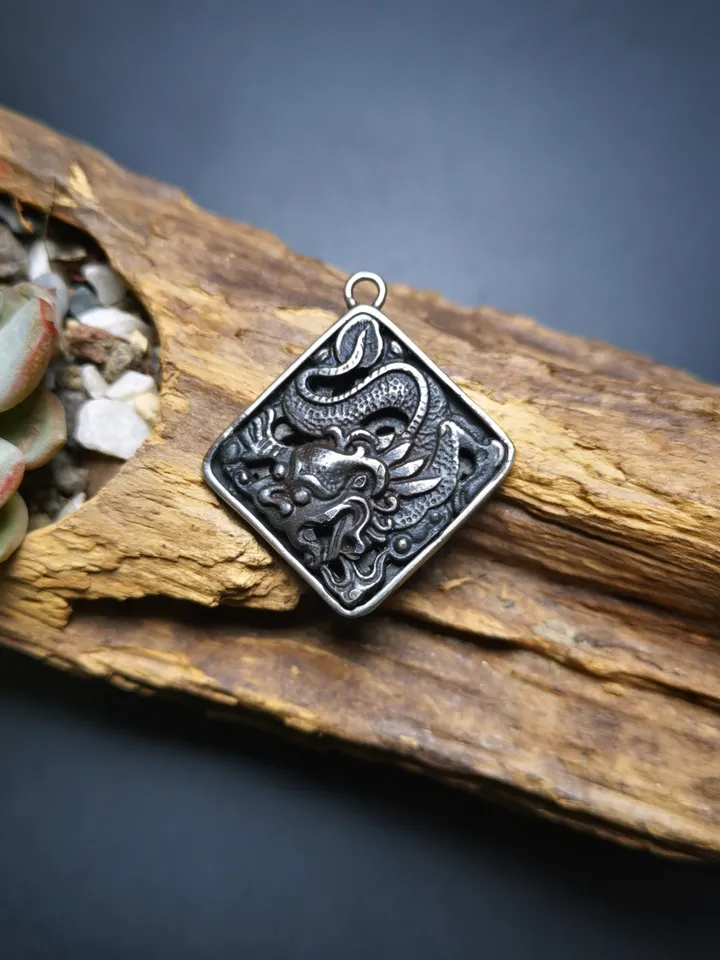 Gandhanra Antique Tibetan Buddhist Amulet,the Four Dignities-Garuda,Tiger,Dragon,Snow Lion,Buddhist Talisman,Inlaid with Sliver